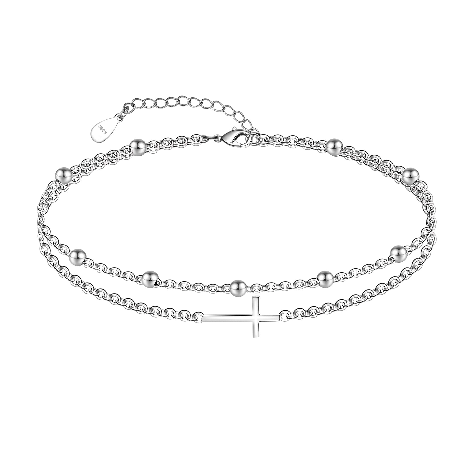 CHIC & ARTSY Cross Anklet 925 Sterling Silver Sideways Cross Anklet Bracelet Christian Cross Layered Anklet for Women Tiny Cross Anklet Double Layer Cross Anklet Bracelet