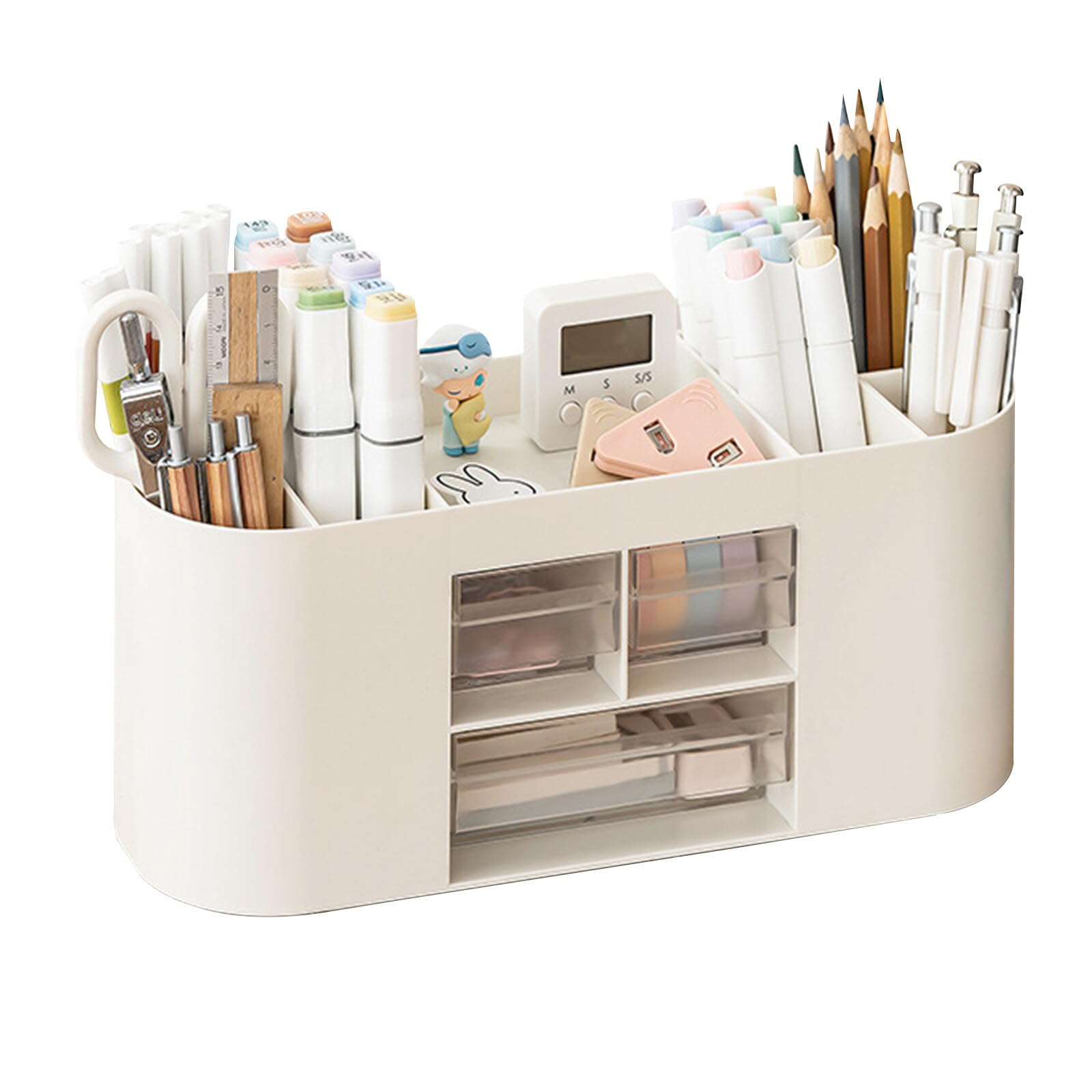 Lvjkes Pen Holder Storage Box, Desk Organiser, 10 Compartments, Large Capacity, Double Layer Transparent Drawer, Can Hold Pencils, Crayons, Various Stationery (White)