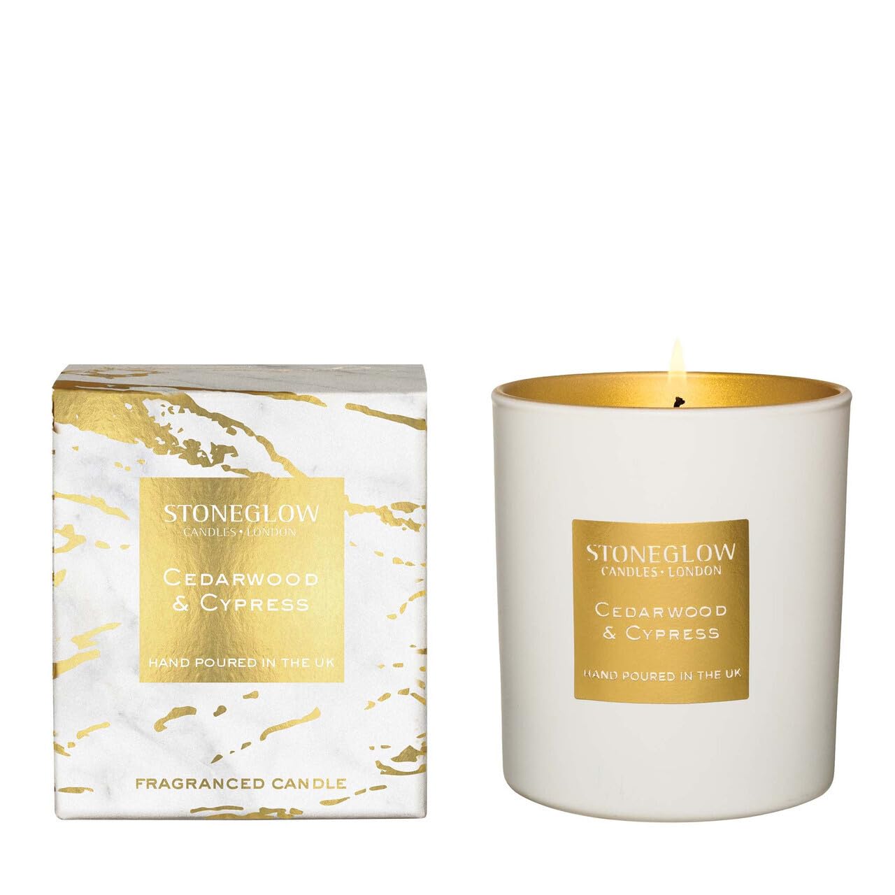 Stoneglow Luna Collection - Cedarwood & Cypress 220 Grams Scented Candle of Cedarwood, Cypress, Fennel, Sage, Thyme and Eucalyptus, Gift for Birthday, Anniversary - White & Gold