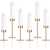 POKINE Set of 6 Gold Candle Holders, Tall Hurricane Candlestick Holders with Glass for Taper and Pillar Candles, Home Decor for Wedding, Christmas, Party, Anniversary, Dining Table