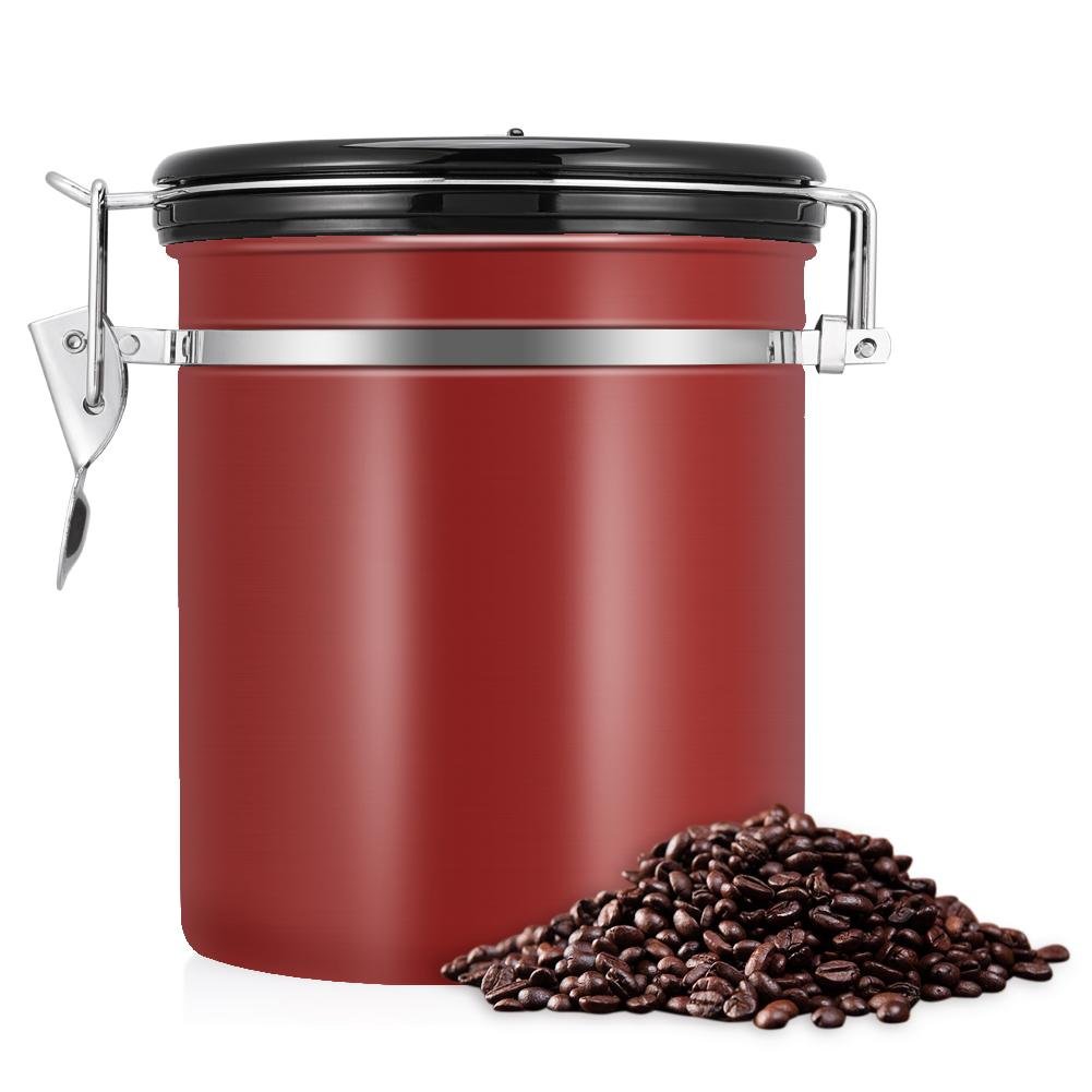 Stainless Steel Coffee Tea Beans Container With Venting Valve Total Protection From Oxidation(Burgundy)