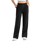 PINSPARK Straight Leg Sweatpants for Women High Rise Elastic Waist Casual Pants Warm Midweight Stretch Classic Stylish Sweat Pant with Pockets and Drawstring Petite Large, Black