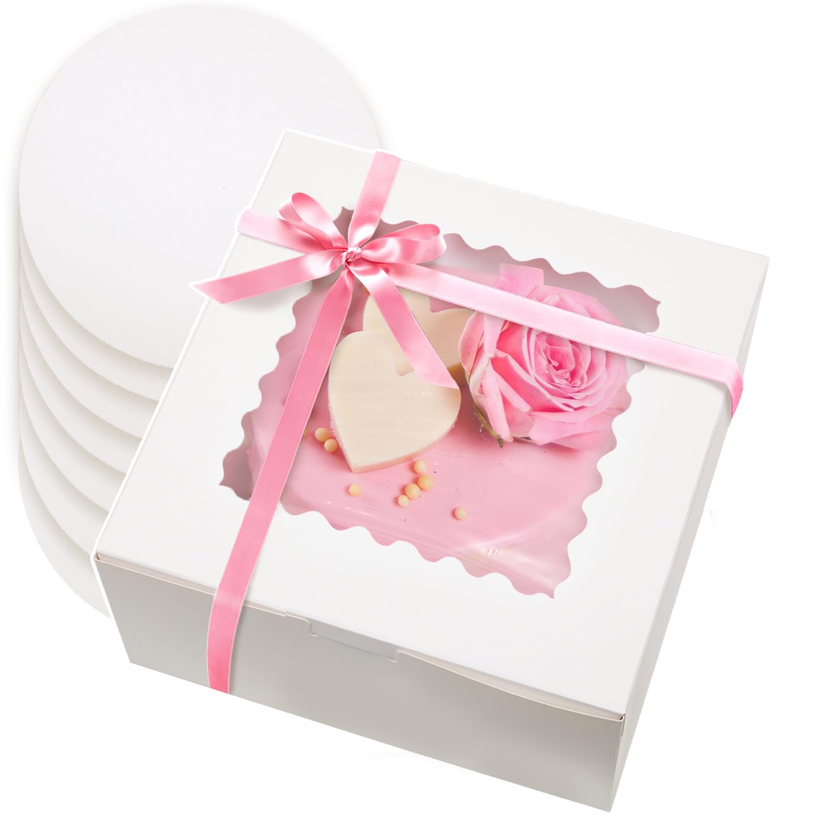 Gcardist 8x8x5 Inch Cake Box, 5 Sets White Cake Box with Window ＆ 5 Sets 8 Inch White Cake Round Boards, Cake Containers(20.3x20.3x13cm)