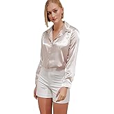 Women's Blouse Satin Silk Shirts Button Down Shirts Casual Loose Long Sleeve Office Work Tunic (as1, Alpha, x_l, Regular, Regular, Champagne)
