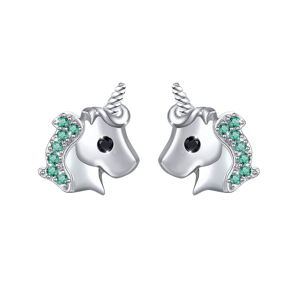 Flyow S925 Sterling Silver Jewelry Unicorn Stud Earrings for Women and Girls (Green)