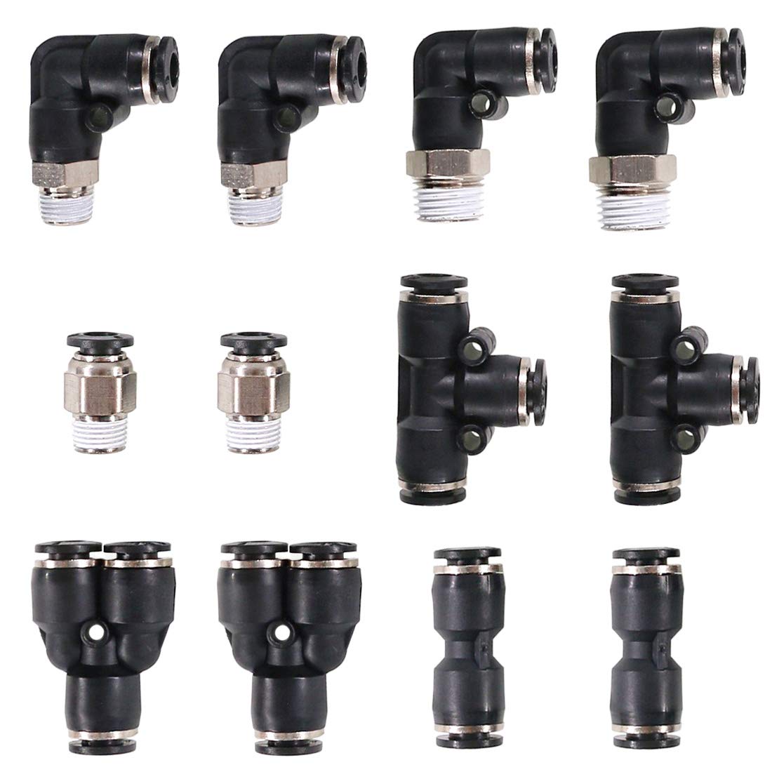 Swpeet 12Pcs 6 Style 6mm Push to Connect Tube Fitting Assortment Kit, Including PL-1/4-N1, PL-1/4-N2, PC-1/4-N1, 1/4 inch od, 1/4 inch Od Y Spliter, PUC-1/4 Push to Connect Tube Fitting