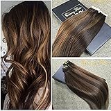 Sunny 22inch Tape in Human Hair Extensions 20pcs 50g Two Tone Color Darkest Brown Highlight with Medium Brown Colorful Balayage Seamless Tape Hair Extensions