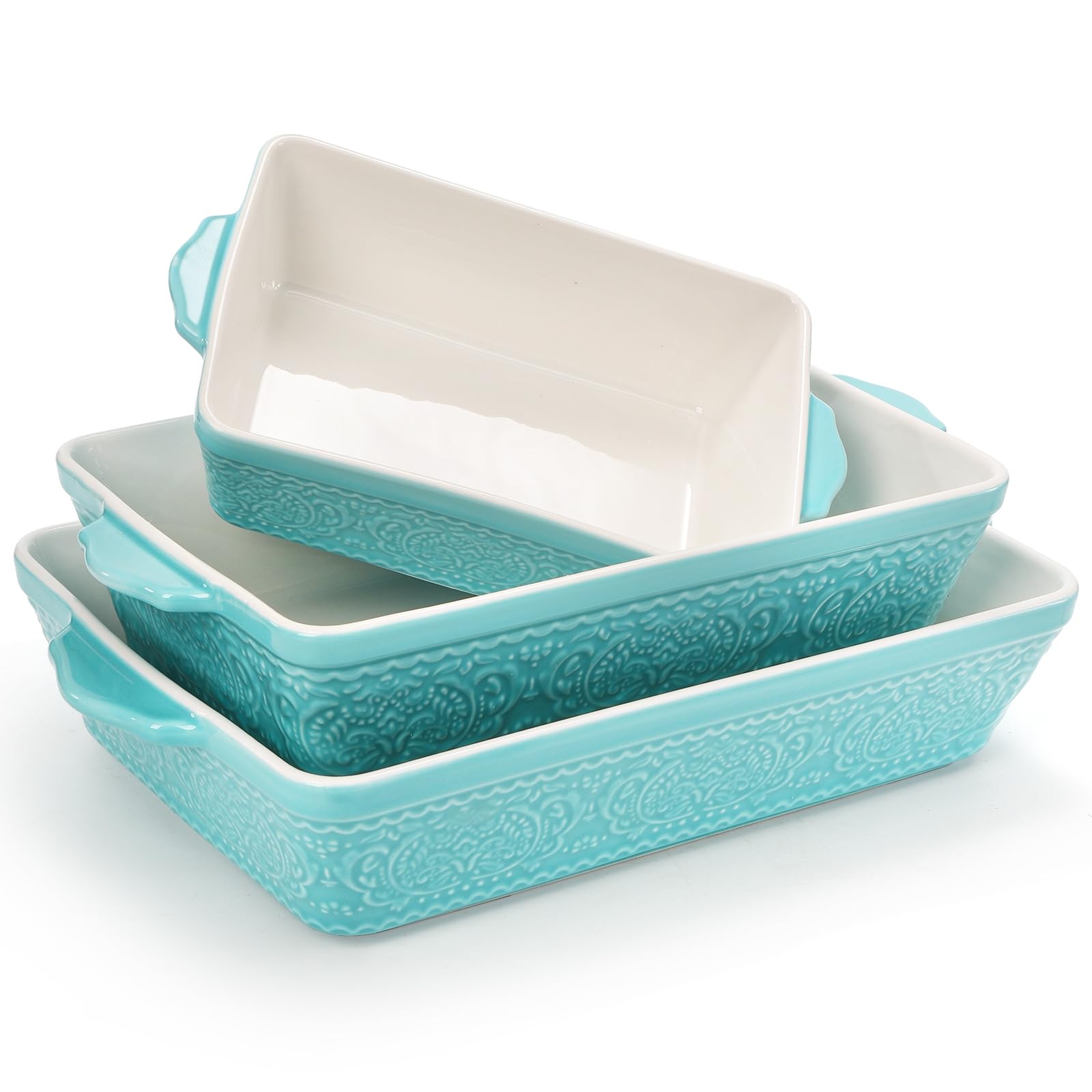 SOUJOY Ceramic Baking Dish Set of 3, Oven-to-Table and Non-Stick Rectangular Casserole Dishes with Sturdy Handles, Space-Saving Stack Lasagna Pan for Cooking, Serving, Roasting, Gifting, Turquoise