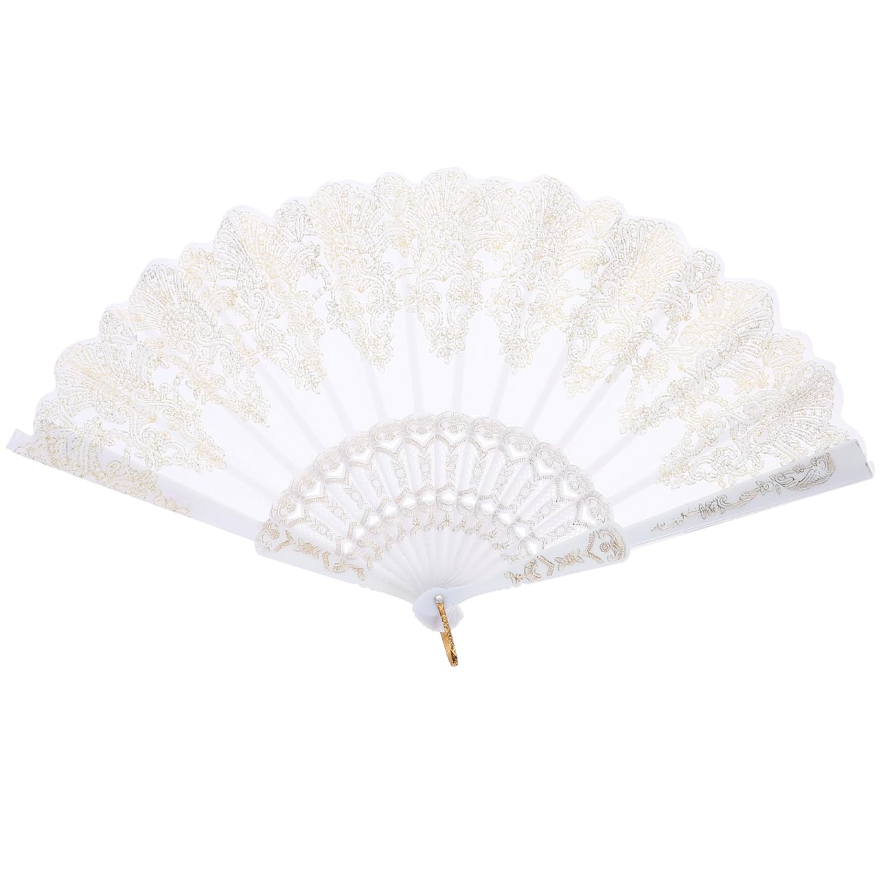 Milisten White Folding Hand Fan with Gold Floral Lace Pattern - Plastic Handheld Fan for Weddings, Spanish Flamenco Dance & Victorian Cosplay - Vintage Decorative Folding for Parties & Su
