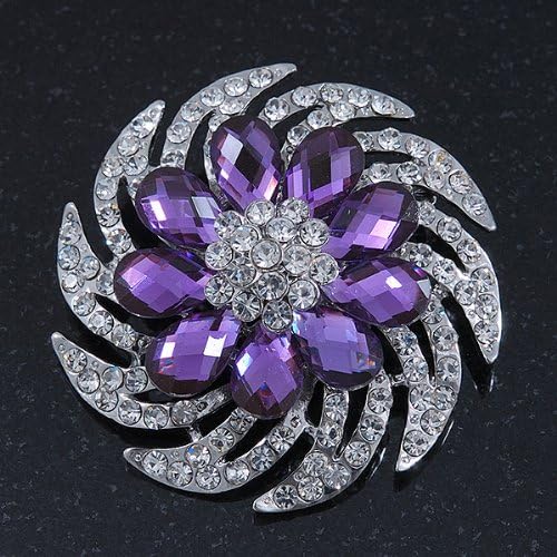 Dimensional Clear/Amethyst Crystal Corsage Brooch In Rhodium Plating - 5cm Diameter, silver, white / ivory, purple, violet - Image 3