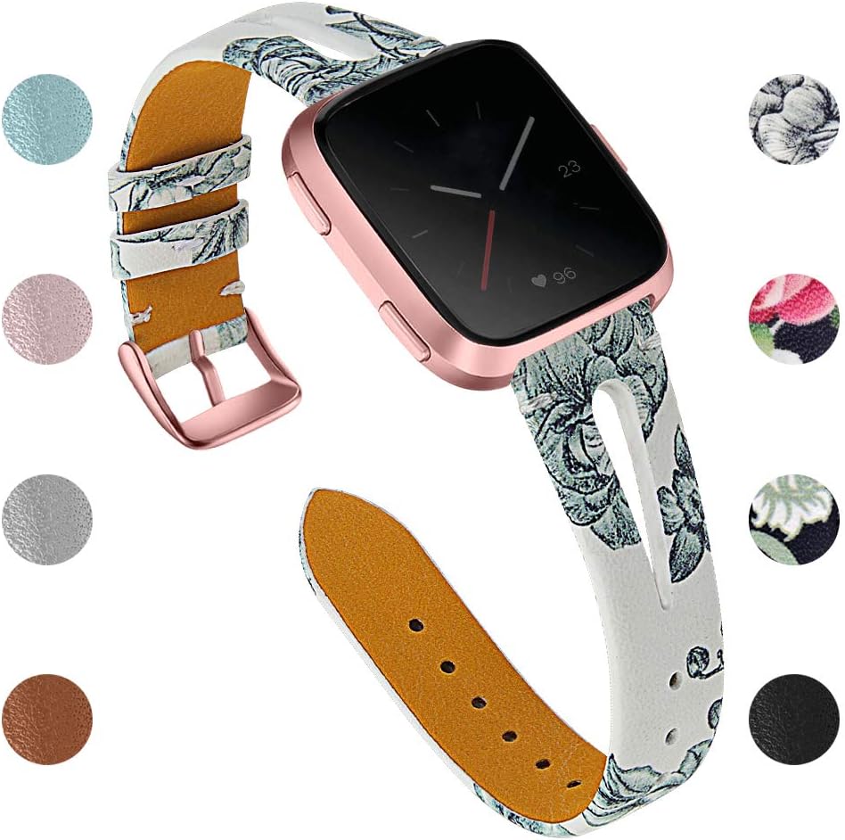 Joyozy Leather Bands Compatible with Fitbit Versa 2&Fitbit Versa Lite&Fitbit Versa&Fitbit Versa SE Smartwatch Slim Wristbands Replacement Women Men Triangle Strap Floral Gray with Rosegold Buckle