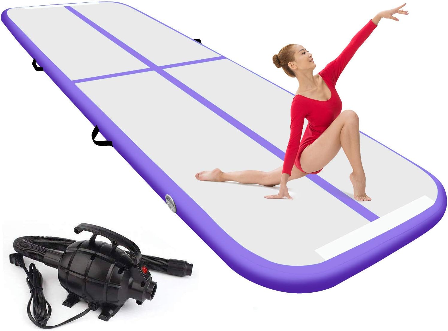 FBSPORT 8inches/4 inches Thickness Air Inflatable Track Mat,26ft/23ft/20ft/17ft/13ft/10ft Track Air Inflatable Mat for Gymnastics Training/Home Use/Cheerleading/Yoga/Water with Electric Pump