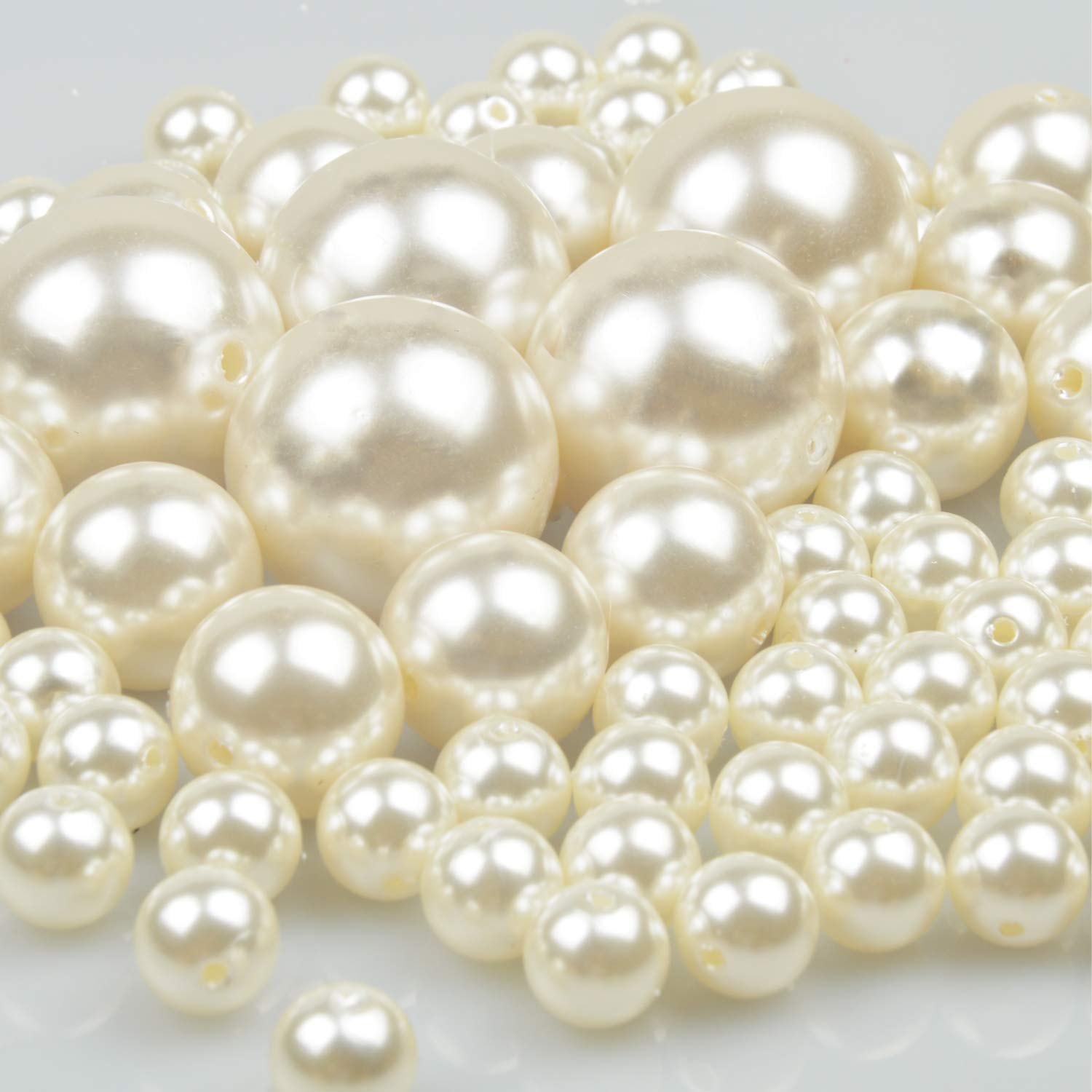 Yixuan Elegant Glossy Drilled Pearls Beads 70pcs 12mm/20mm/30mm Assorted Plastic Loose Beads for Jewellery Making, Vase Fillers, Candle Making, Table Scatter, Wedding, Home Decoration (Ivory)