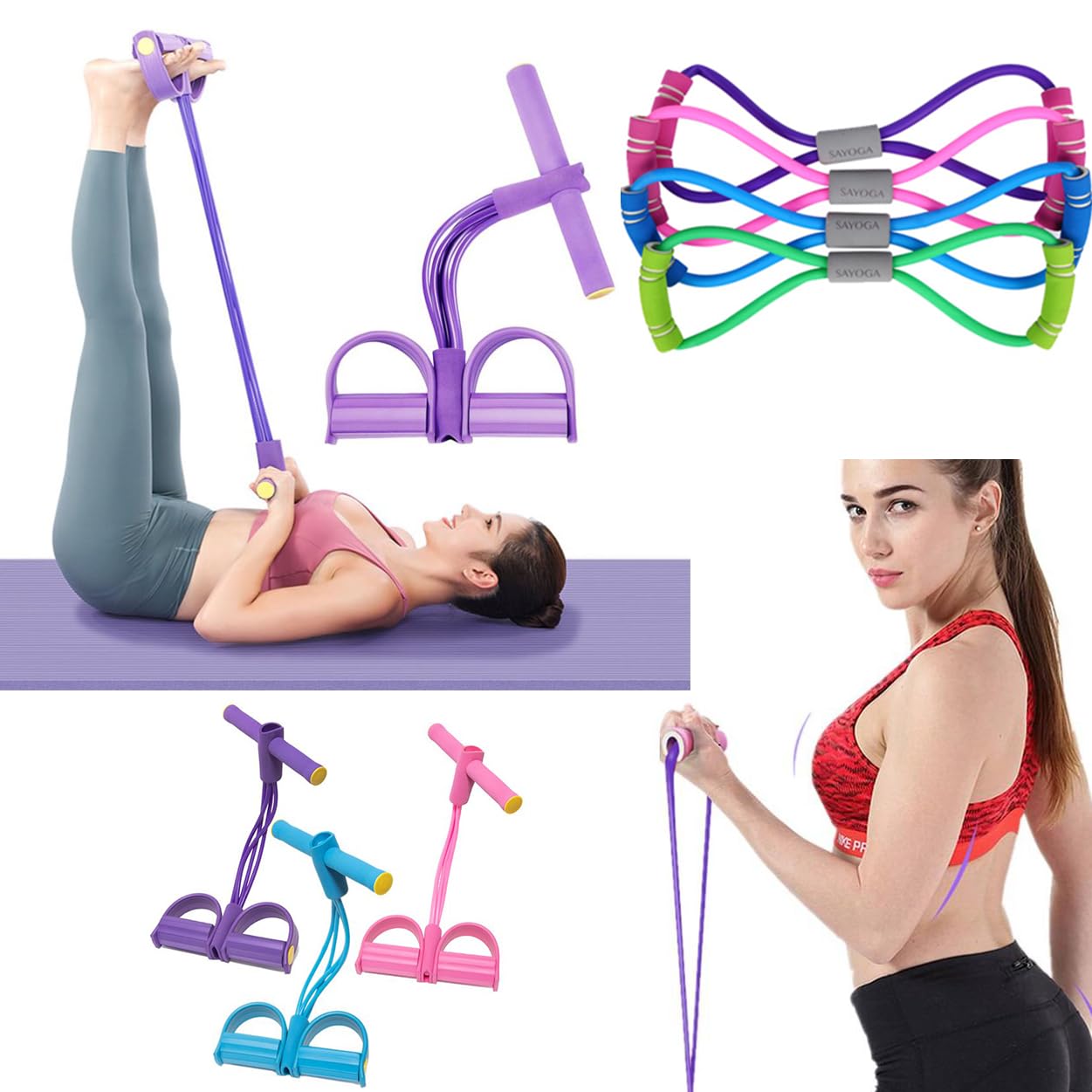 4 TUBE PILATES Resistance Band & Yoga Toner Band Set, Pilates Band, Pull Up Band, BODY TRIMMER, Waist & Ab Shaper, Arms, Chest, Sit Up Pull ROPE (4 Tube & Yoga Toner Set)