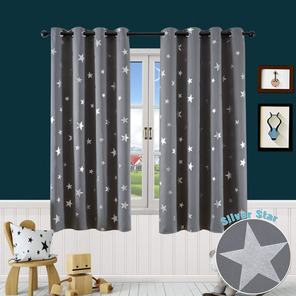 Panovous Kids Grey Blackout Curtains Foil Printed Star Eyelet