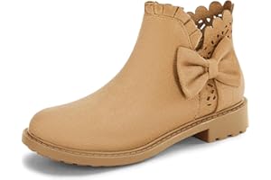 Coutgo Girls Bow Ankle Boots Ruffled Chunky Heel with Classic Side Zipper Dress Booties for Little Kids/Big Kids