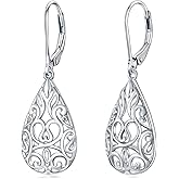 VONALA Filigree Teardrop Earrings for Women Rose Gold Plated /Gold Plated / Moonstone / Abalone / Turquoise / Blue Crystal / Green Crystal Teardrop Dangle Earrings Filigree Leverback Earrings for Women Teens Girls Birthday Gift