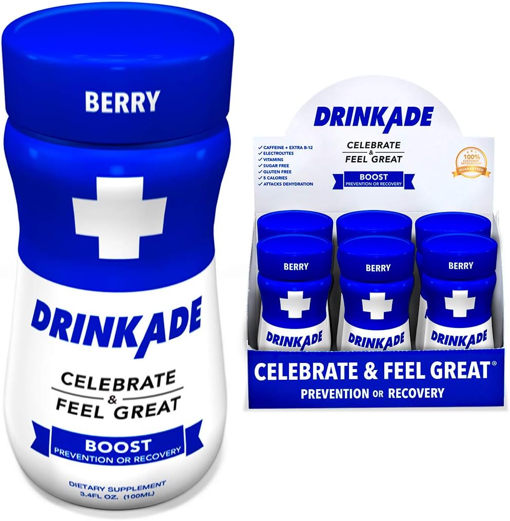 DrinkAde Boost (6 Pack) Hydration & Recovery Drink with Caffeine, Electrolytes, Vitamin B, Milk Thistle for Energy and Liver Detox, Only 5 Calories, No Sugar, Vegan, Non-GMO