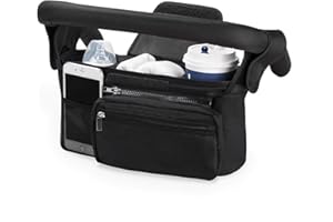 HFLYJPYW Universal Stroller Organizer with Insulated Cup Holder Detachable Phone Bag and Carry Strap Fits Uppababy, Baby Jogger, Britax, BOB, Umbrella and Pet Stroller and more (Black)