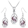 HENGSHENG Natural Pearl Jewelry Set For Women 925 Sterling Silver & Gold Plated Necklace Pearl Pendant & Pearl Earrings Freshwater Pearl Drop Jewelry Set for Wedding Prom Gift
