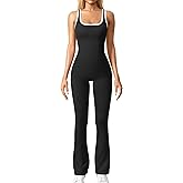 OQQ Women Jumpsuits Sleeveless Square Neck Stretch Contrast Workout Active Flared Bottoms Tank Jumpsuit