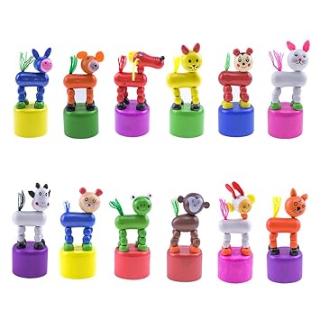 hsomid Kids Animal Push up Press Base Toy,Chinese Traditional Thumb Puppet,Rocking Wooden Toy,Pack of 12