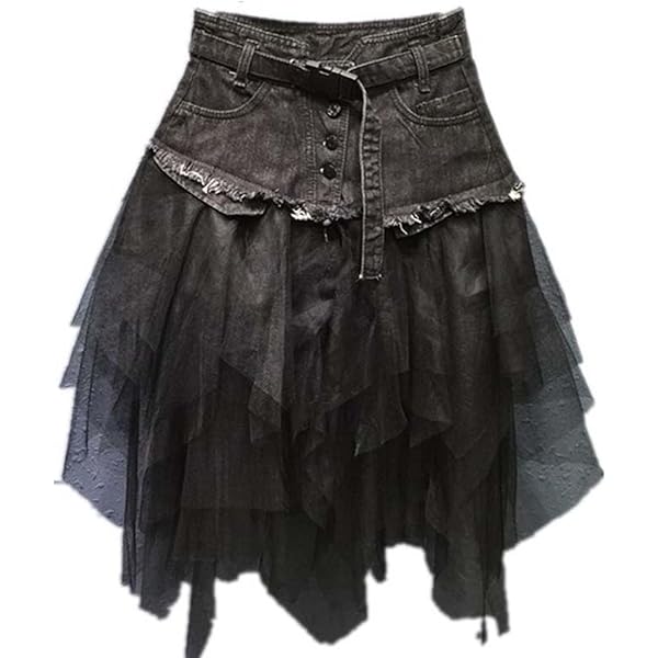 Women Denim Mesh Patchwork Lace Skirt High Waist A Line