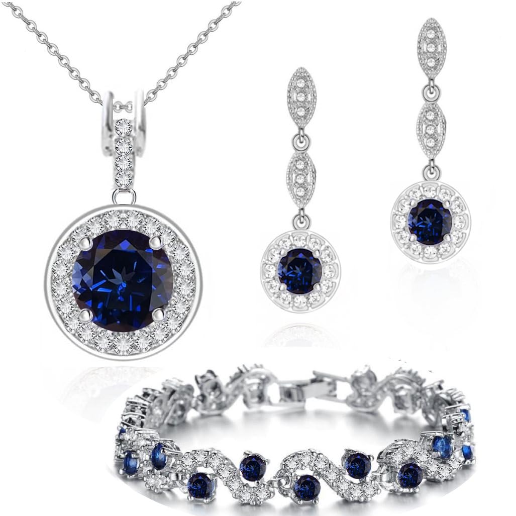 Crystalline Azuria Women 18ct White Gold Plated Round Blue Simulated Sapphire Zirconia Crystals Set Pendant Necklace 17.7 inches Stud Earrings Bracelet
