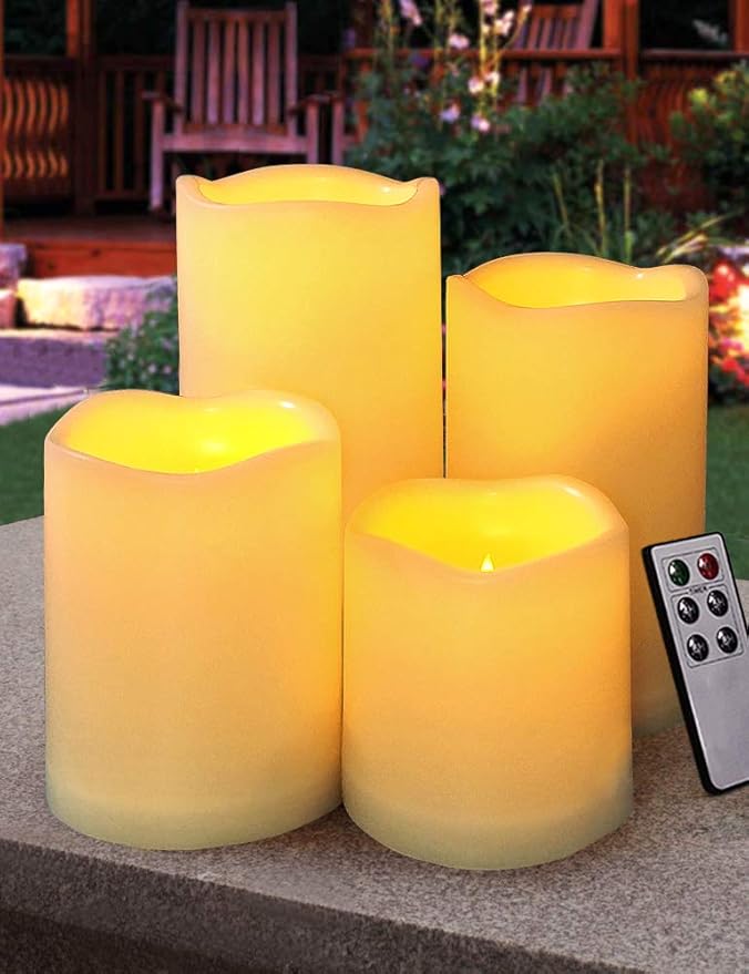 HOME MOST Set of 4 Outdoor Pillar Candles with Timer Waterproof Battery Operated