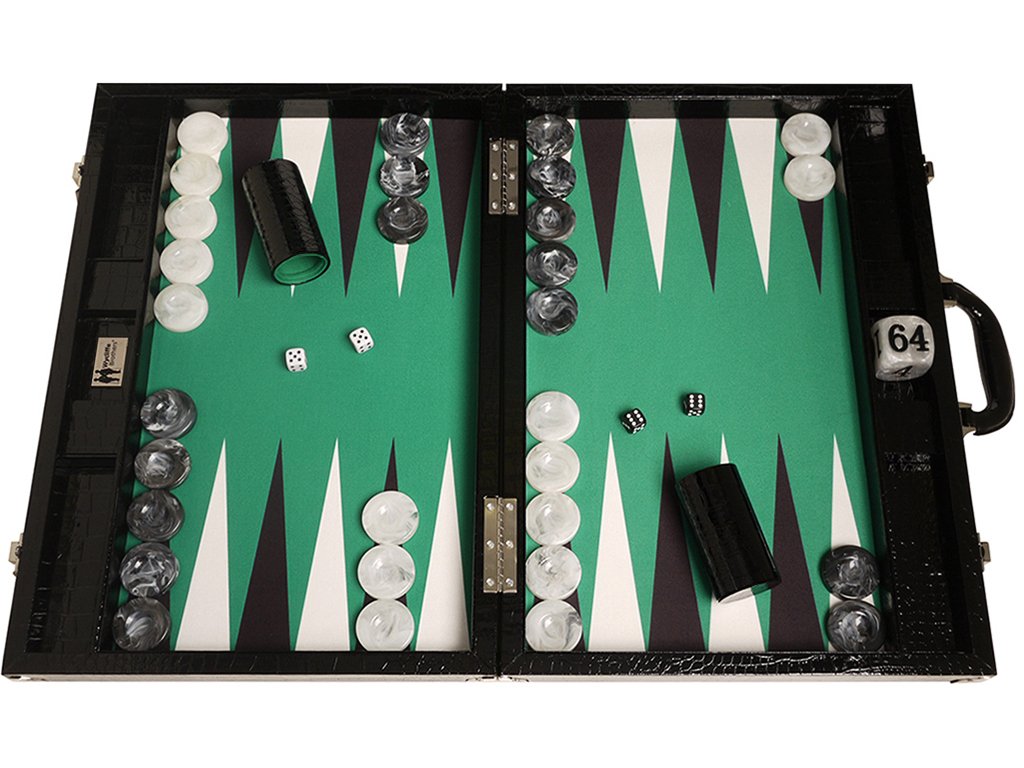 Wycliffe Brothers 21" Tournament Backgammon Set - Black Croco Board with Green Field - Gen III