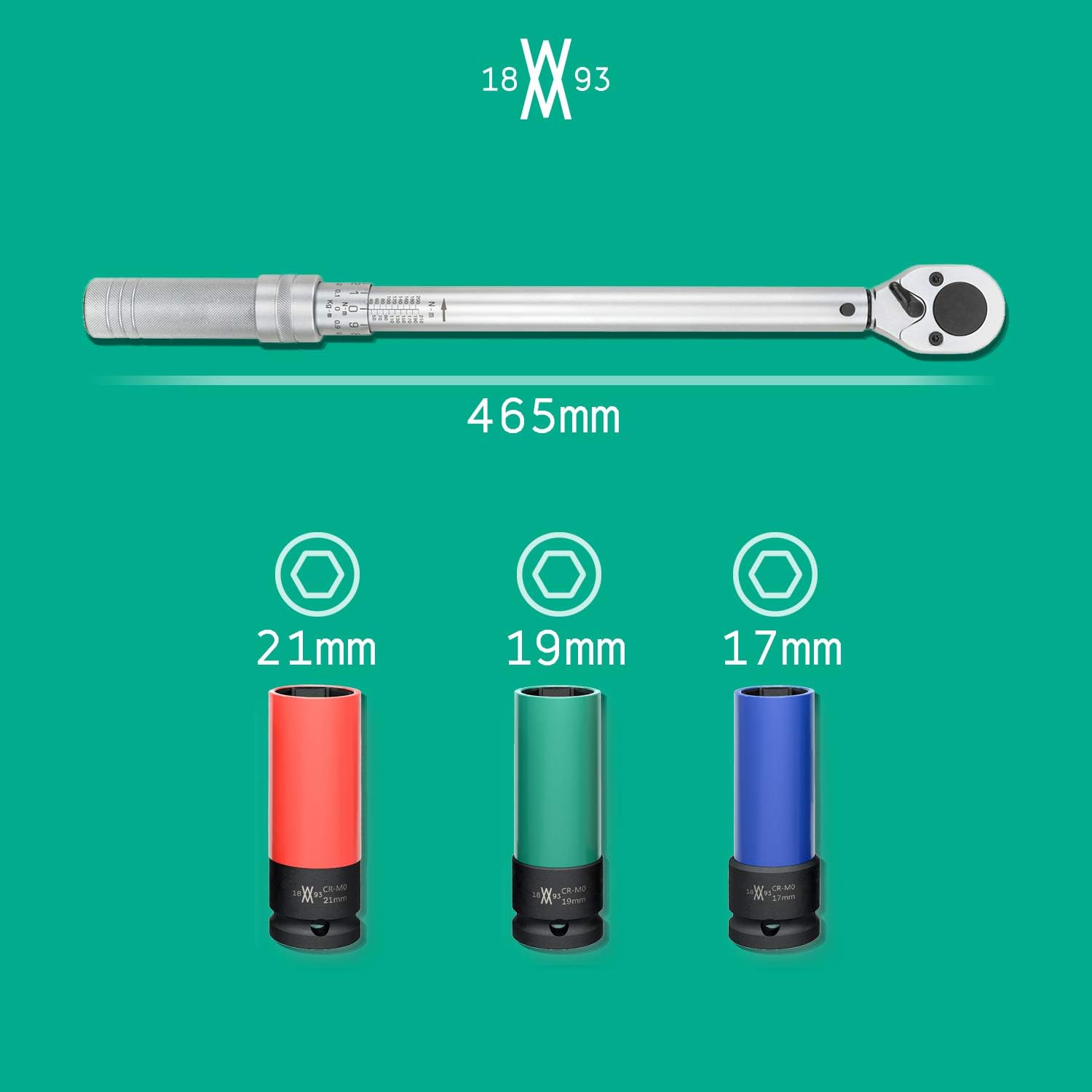 WIESEMANN 1893 Torque Wrench Set 1/2" 42-219Nm with Impact sockets 17, 19 - Image 3