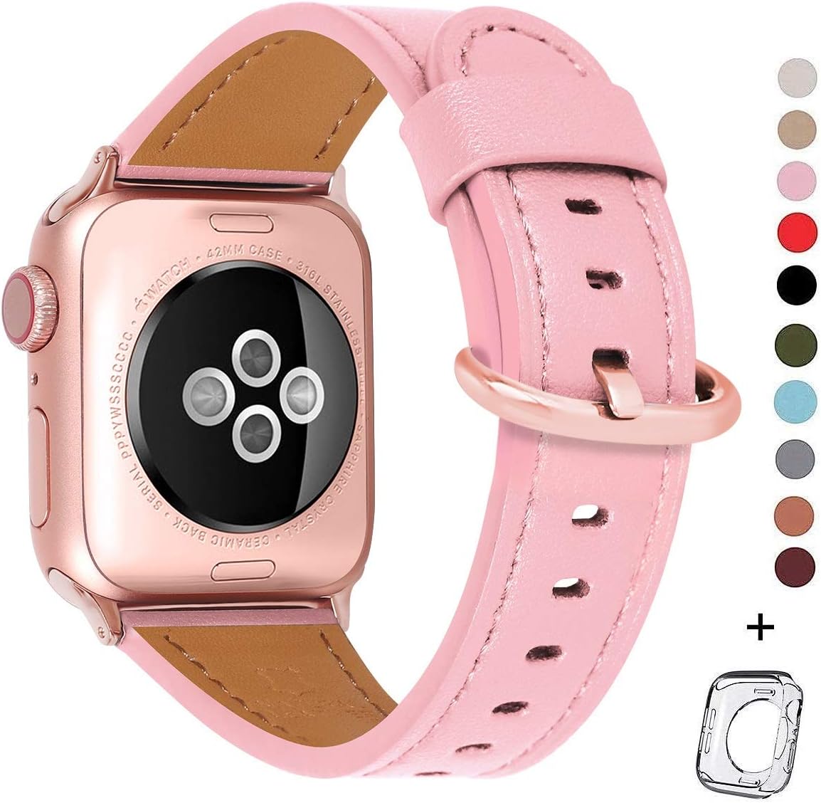 HUAFIY Compatible iWatch Band 38mm 40mm, Top Grain Leather Band Replacement Strap iWatch Series 6/ 5/ 4/ 3/2/1,SE,Sport, Edition (pink+ rose gold buckle, 38mm40mm)