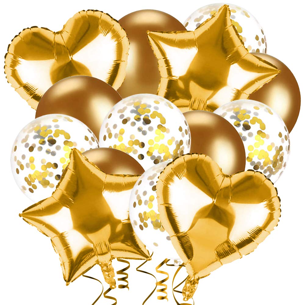 Birthday Balloons Set,14Pcs Birthday Party Decorations - Gold Latex Balloons/Gold Confetti Balloons/Gold Star Heart Foil Balloons,Party Balloons for Birthday Baby Shower Engagement Wedding