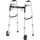 Whlicks Narrow Walkers for Seniors, Folding Walker for Small Space 350lbs | Walker with Skis and 5" Wheels, Adjustable Width &amp; Height, Aluminum Lightweight Standard Rolling Walker, Black