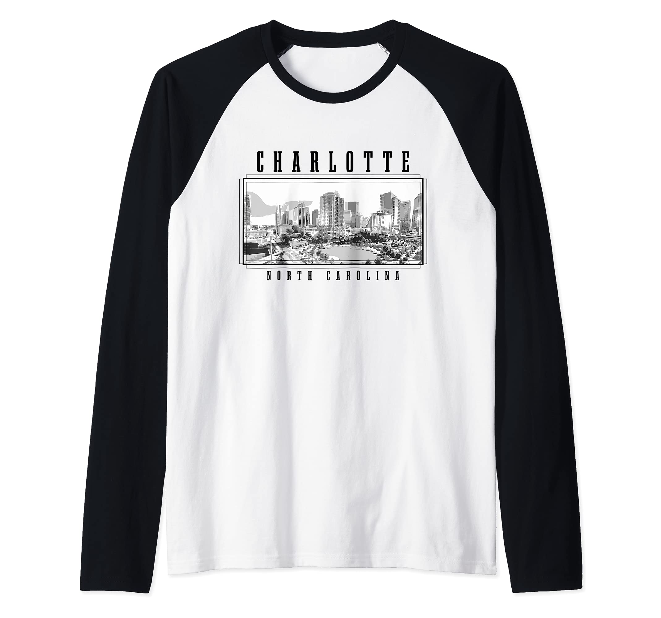 Charlotte North Carolina Vintage Skyline Raglan Baseball Tee