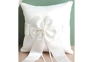 PRETISHOWS Wedding Ring Pillow Ivory Lace Pearl Satin Ribbon Big Bowknot Ring Bearer Cushion for Wedding Ceremony(8 inch)