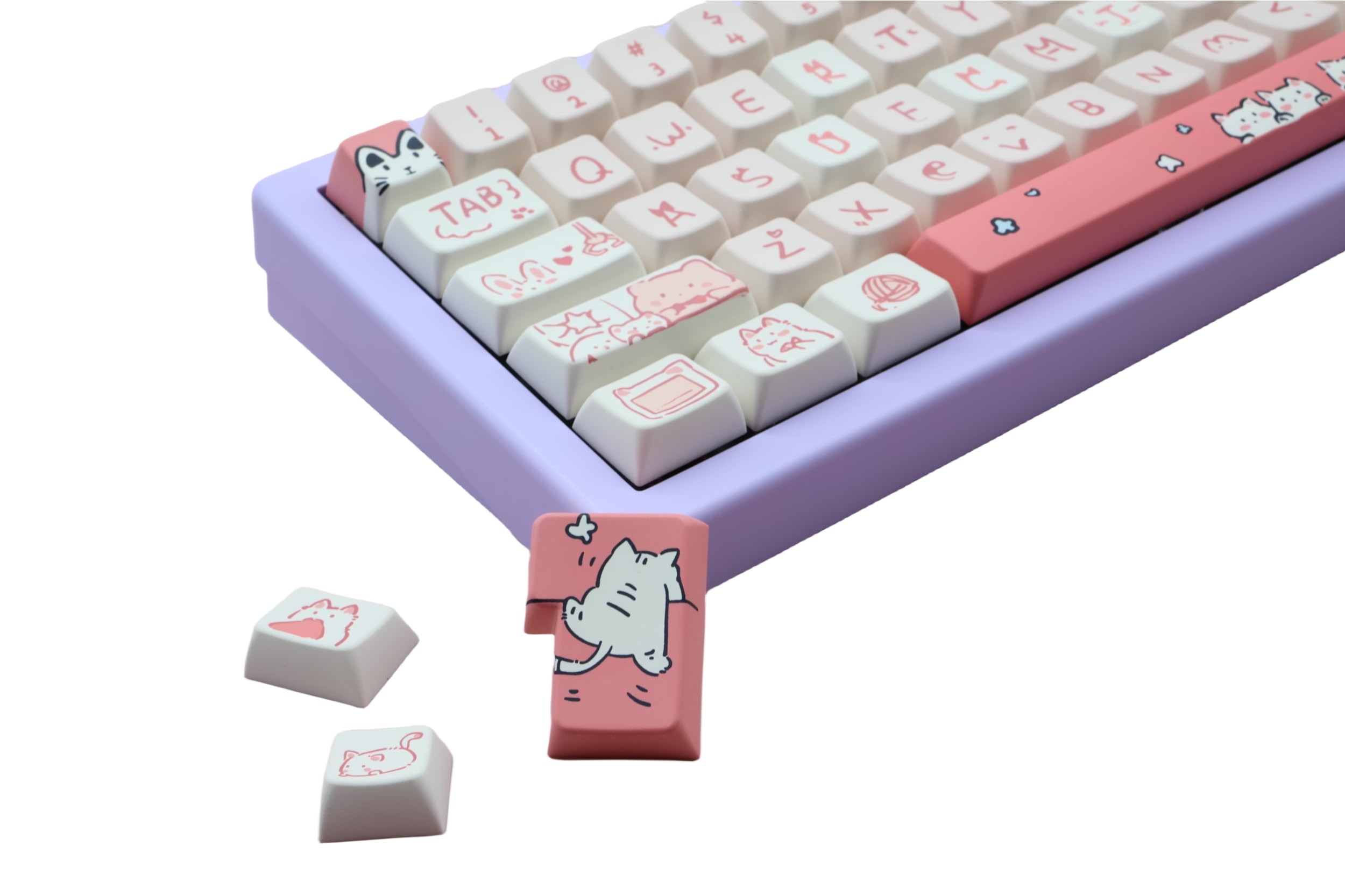 Cmokifuly Custom Keycap for Mechanical Keyboard, MDA Profile Key Caps with 146 Keys Dye-Sub,ANSI &Extra Enter Cute PBT Keycaps (Pink Cat)