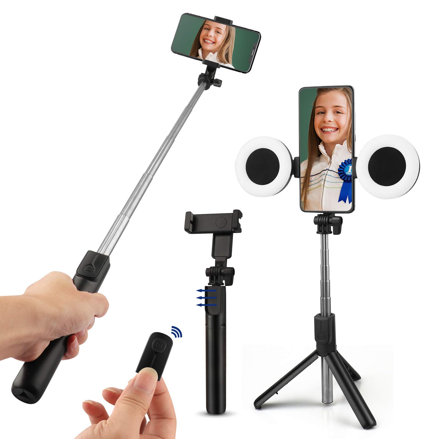 teyiwei Selfie Ring Light with Tripod Stand & Phone Holder,Universal 3 in 1 Selfie Stick Tripod with Phone Holder LED Fill Light Bluetooth Remote Control for YouTube TikTok Videos Live Stream（Black）