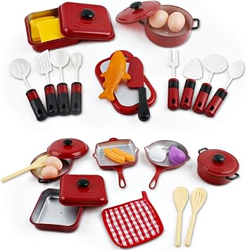 deAO Conjunto Utensilios de Cocina y Comida de Juguete- Juego de Ollas y Cacerolas de Imitación Accesorios de Cocina Infantil (30 Piezas): Amazon.es: Juguetes y juegos