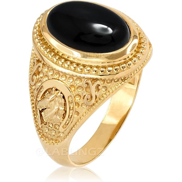 Men's 10k Yellow Gold Horseshoe Ring With Black Onyx - Good Luck Jewelry
