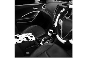 ZNDAW 4PCS Cow Print Car Accessories Set, Fluffy Cute Cow Print Steering Wheel Handbrake Gearshift Cover Armrest Pad, Warm Fu