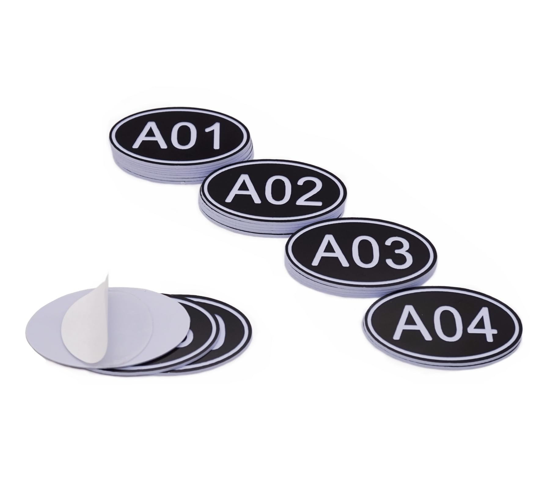NanTun 50 Pack Black Oval Locker Tags Table Numbers - 30mm x 50mm ABS Plastic Engraved Numbers - A01 to A50