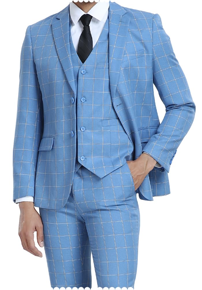 Photo 1 of (XL) (BAGGED) Suit for Men 3 Piece Slim Fit Plaid Set Mens Blue Suits Wedding Tuxedo Prom Dress Homecoming Business Suits for Teenager,Size XL