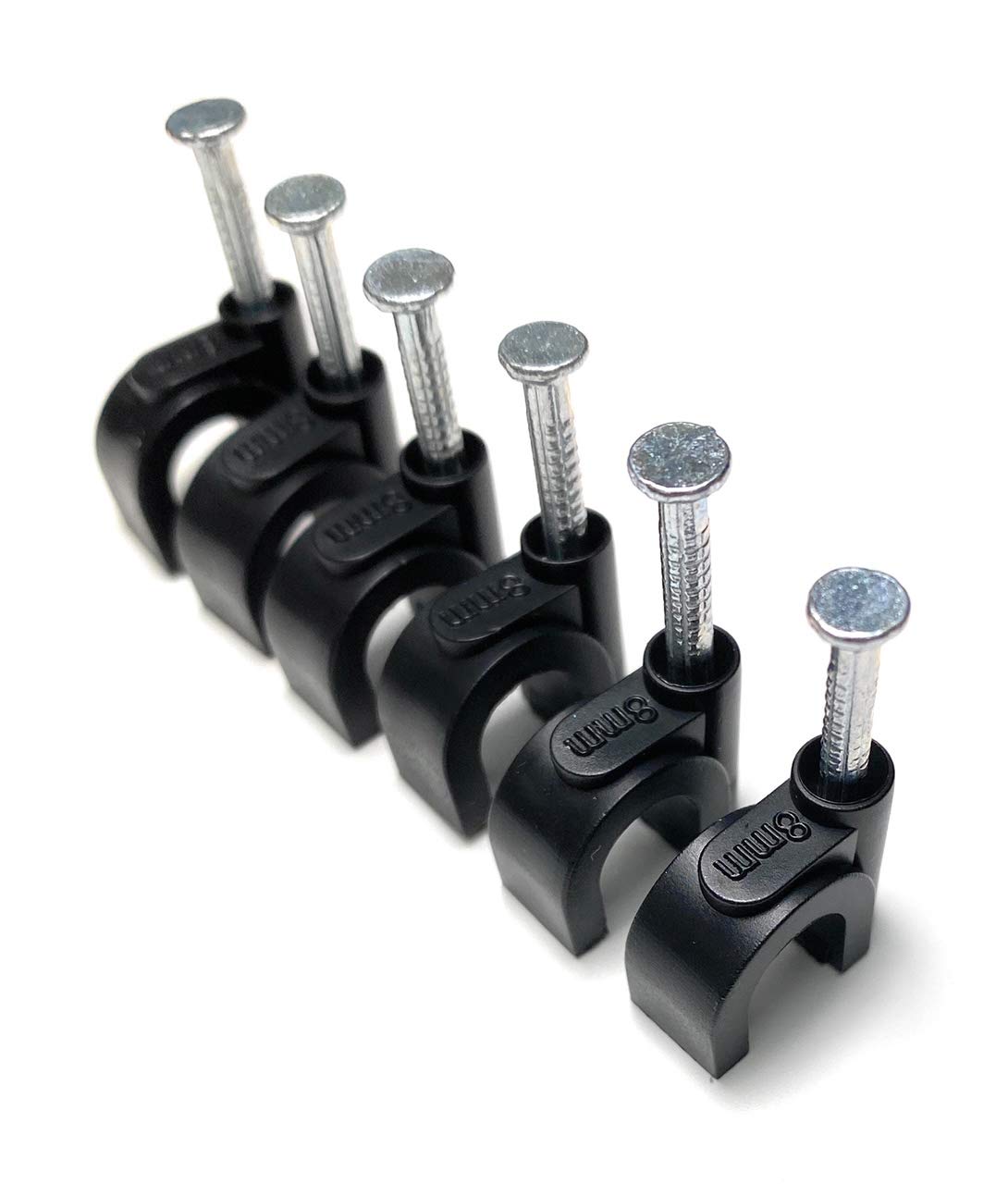 Black Round Cable Clips with Nail Fixings, K-Type 100-Pack (8mm)