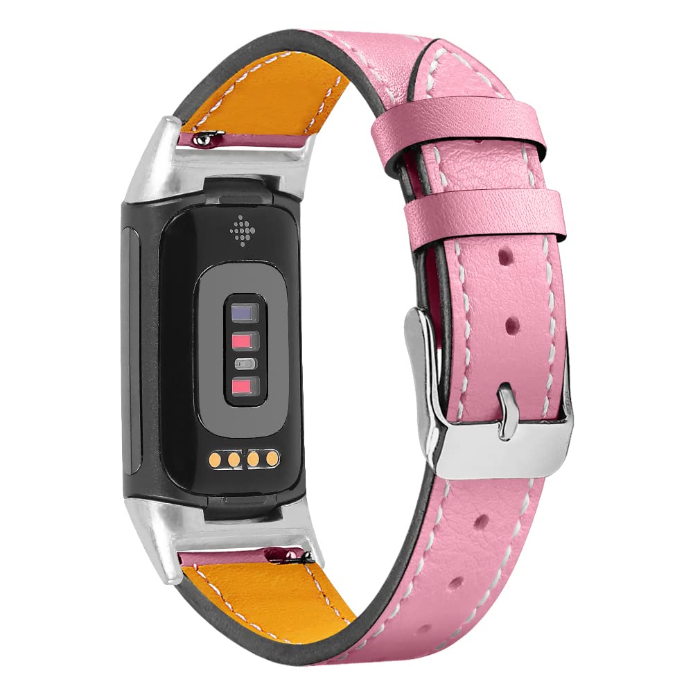 AISPORTS Leather Strap Compatible for Fitbit Charge 6/5 Strap for Women Men, Soft Breathable Leather Sport Wristband Metal Buckle Clasp Bracelet Replacement Band for Fitbit Charge 6/5