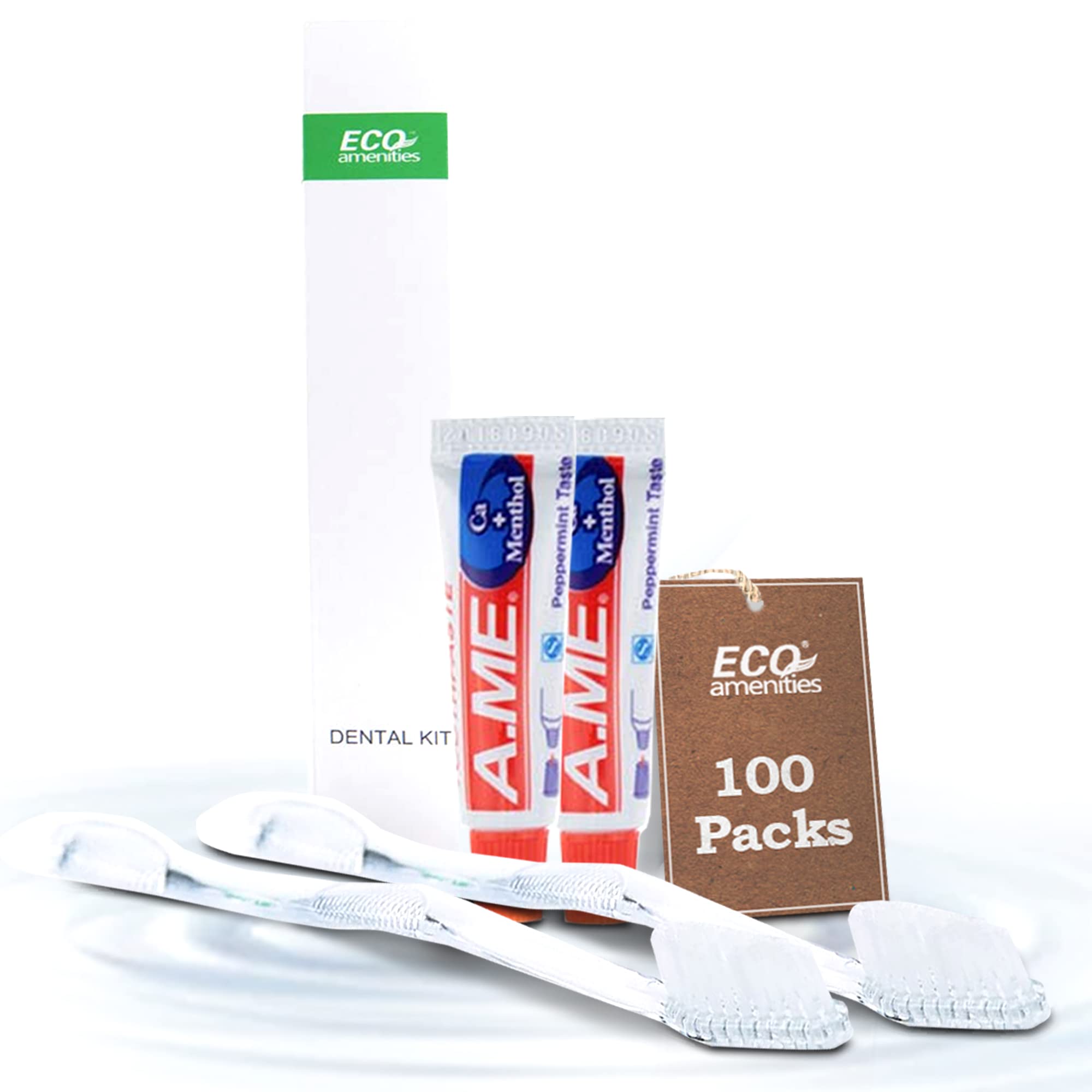ECO amenities Bulk Travel Toothbrush & Toothpaste Kit - 100 Count, Transparent, Peppermint - Disposable Hotel Dental Kit