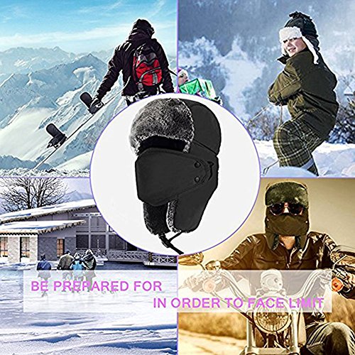 Unisex Winter Trooper Trapper Hat - Windproof Waterproof Warm hat with Adjustable chin strap & Removable face mask for All Sports Outdoors Snowboard, Outdoor Cycling Snow Shoveling (Black)