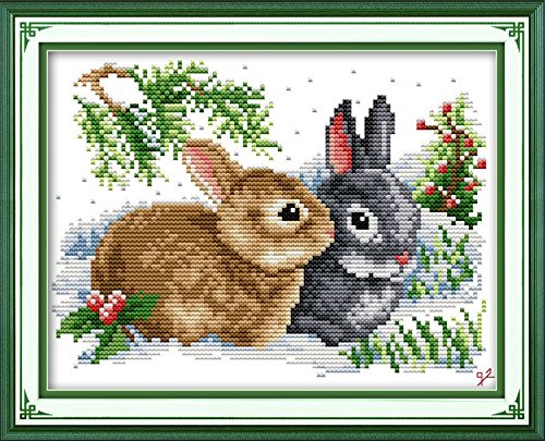 Good Value Cross Stitch Kits Beginners Kids Advanced - Lucky Rabbits 11 CT 13"X9", DIY Handmade Needlework Set Cross-Stitching Accurate Stamped Patterns Embroidery Home Decoration Frameless