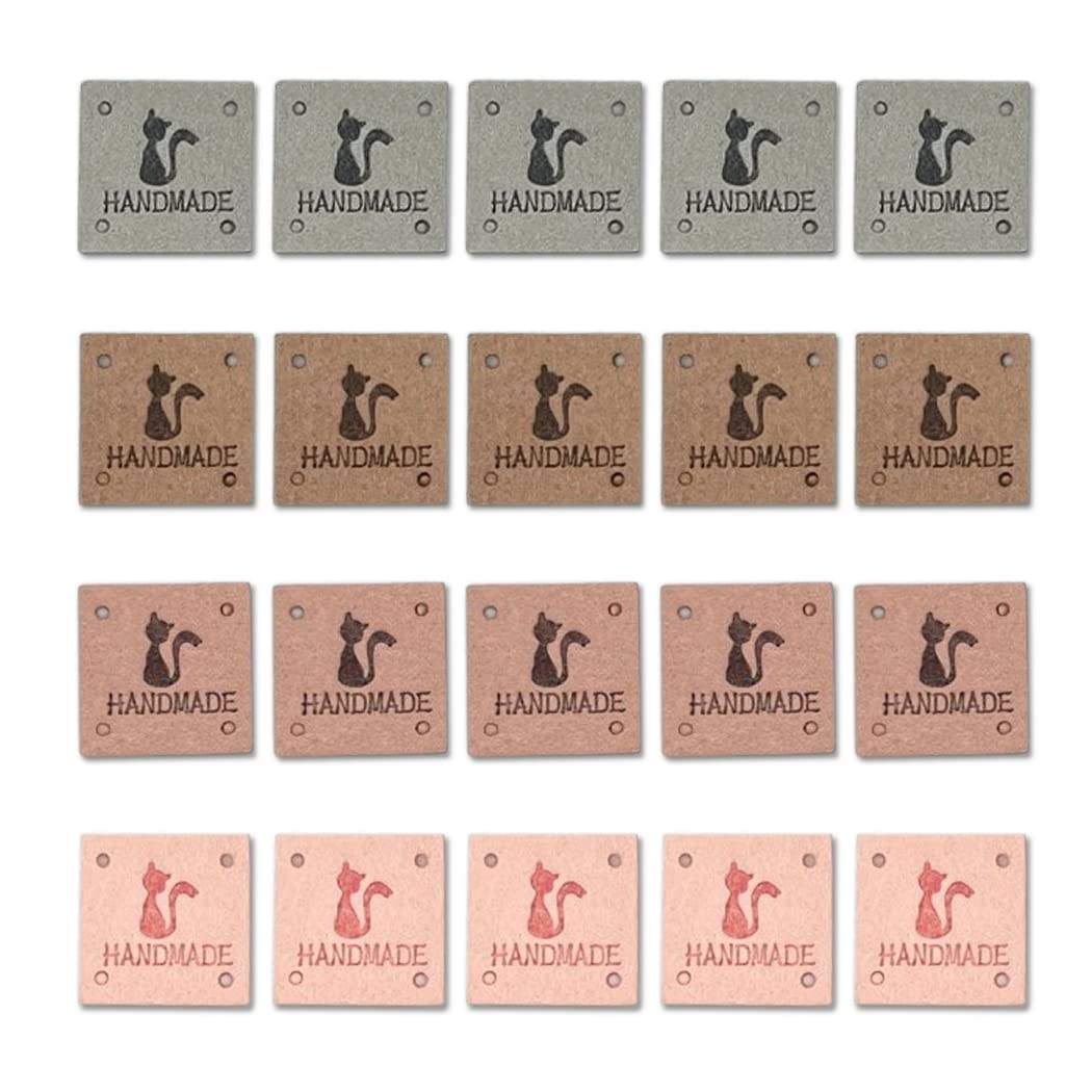 Borsgye 40PCS PU Leather Tags Handmade Embossed Tag Faux Leather Sew on Labels Embellishment Crochet Knitting Labels DIY Jeans Bags Shoes Hat Apparel Accessories - Square - 4 Colors - Cat