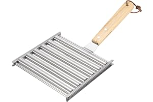 uxcell Hot Dog Roller for Grill, Stainless Steel BBQ Hot Dog Grill Roller with Wooden Handle Large Sausage Rack for Evenly Co